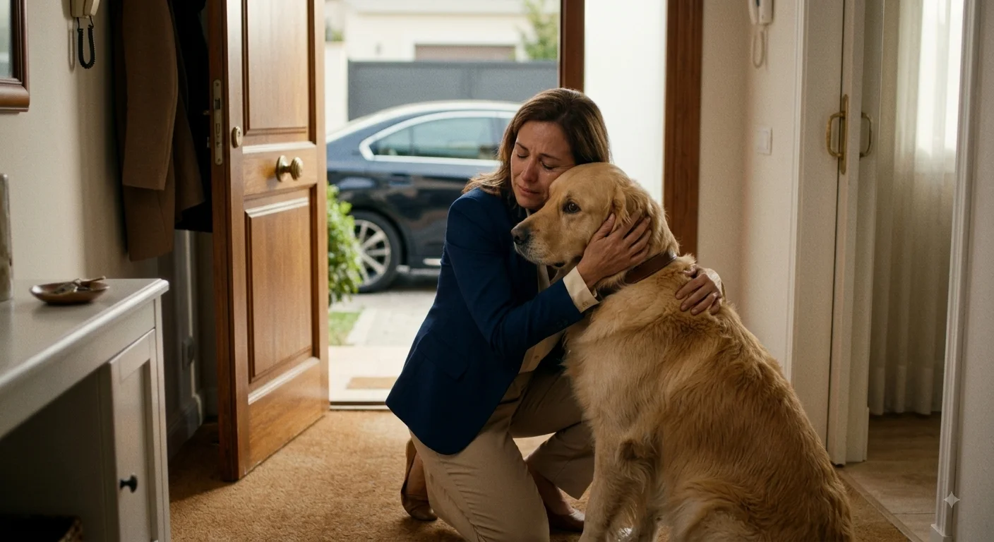 Mujer despidiéndose con tristeza de su perro antes de salir a trabajar