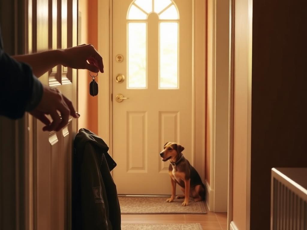 Mano colgando las llaves junto a la puerta mientras el perro observa relajado