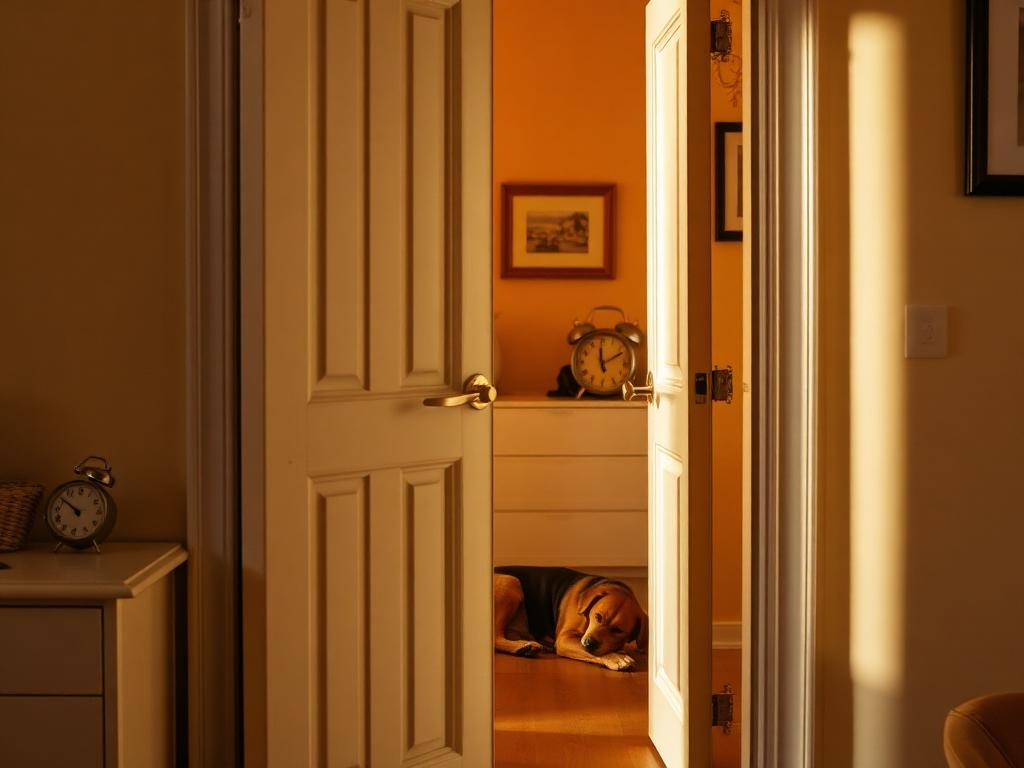 Puerta cerrada con el perro tumbado tranquilo y un reloj marcando el tiempo