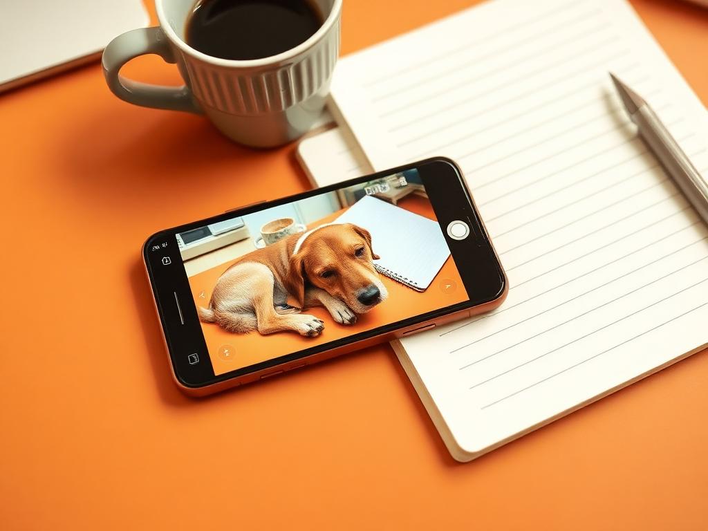 Móvil mostrando la cámara del hogar con el perro dormido junto a un cuaderno de registro