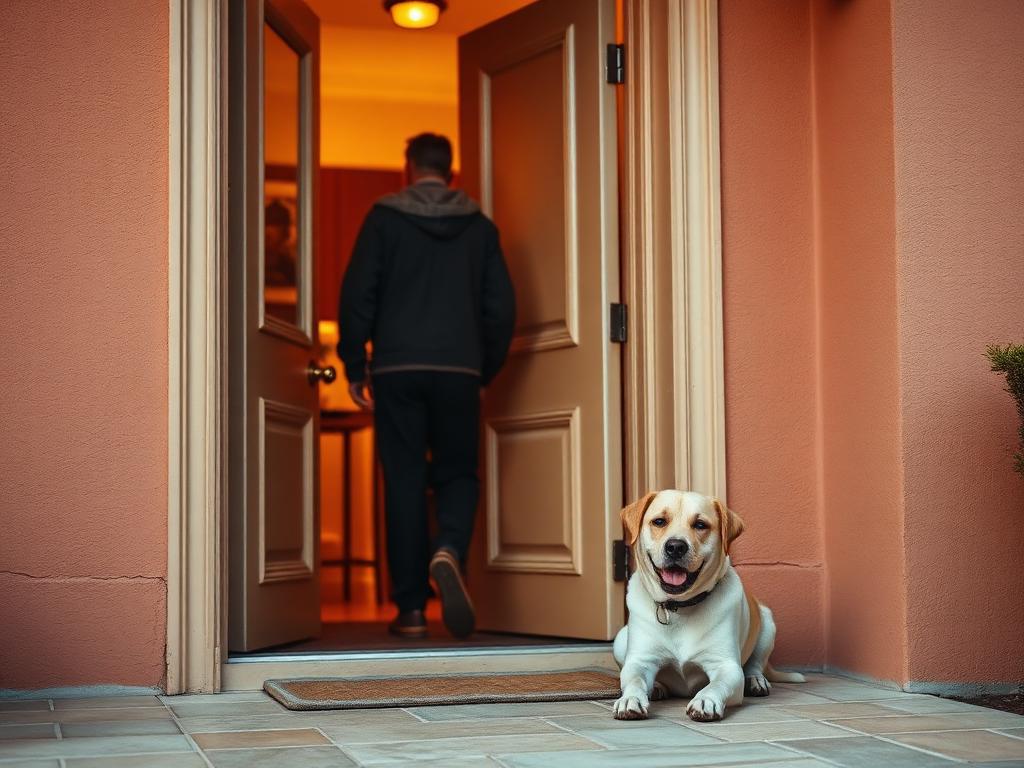 Persona entrando en casa con su perro tranquilo junto a la puerta
