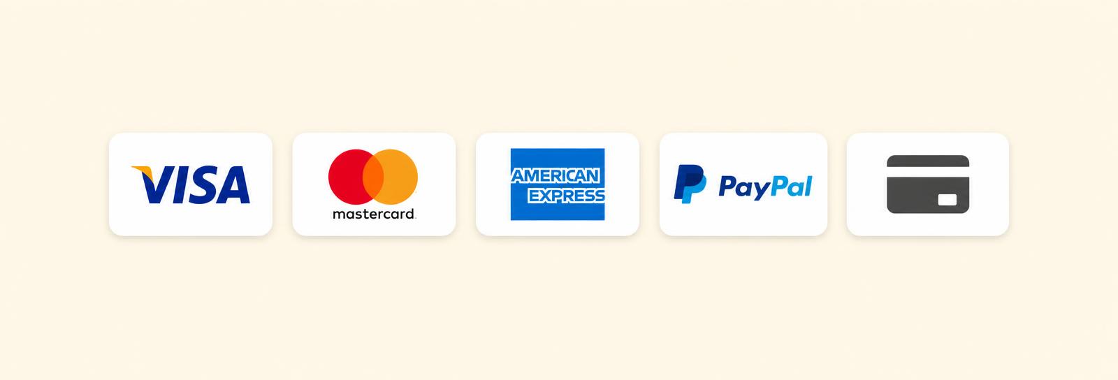 Métodos de pago aceptados: Visa, Mastercard, American Express, PayPal y tarjeta de crédito