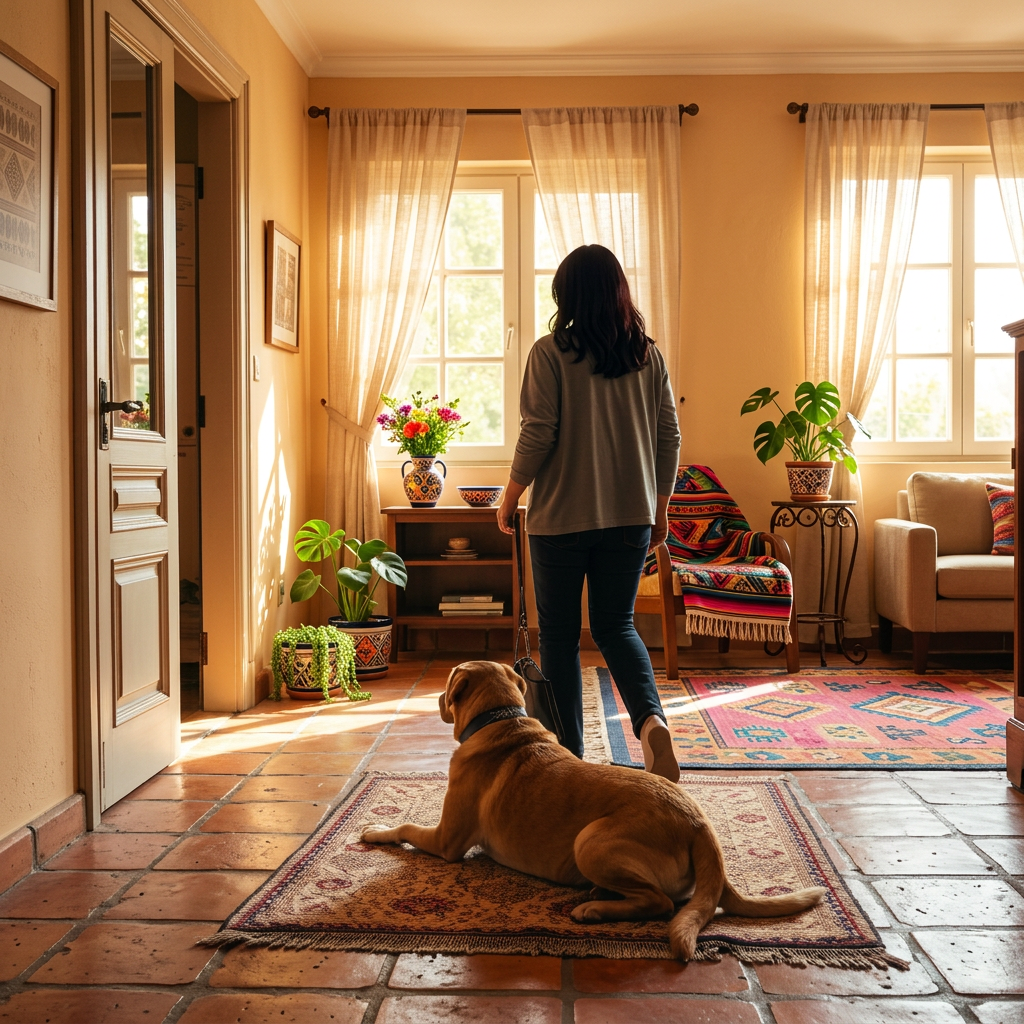 Persona saliendo a trabajar mientras su perro descansa tranquilo en el salón